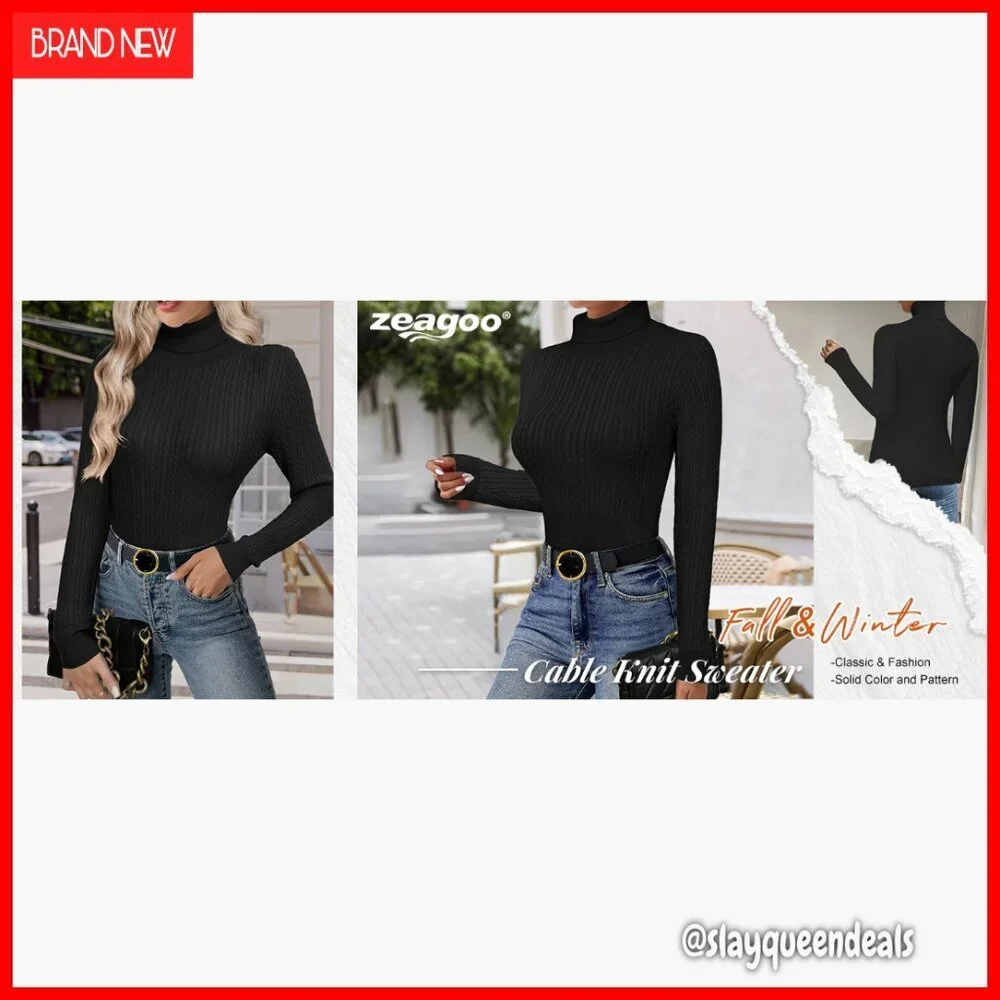 Turtleneck Cable Knit Pullover Sweater Long Sleeve Slim Fit Fall Winter